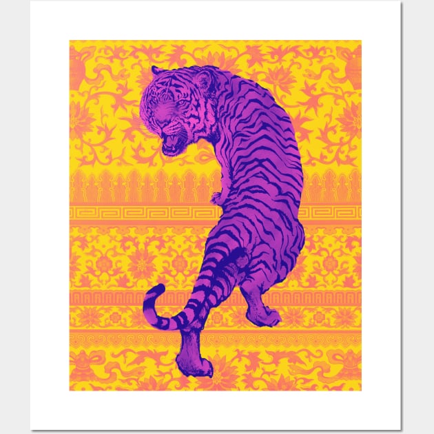 Hong Kong Neon Purple Tiger with Yellow and Orange Floral Pattern - Animal Lover Wall Art by CRAFTY BITCH